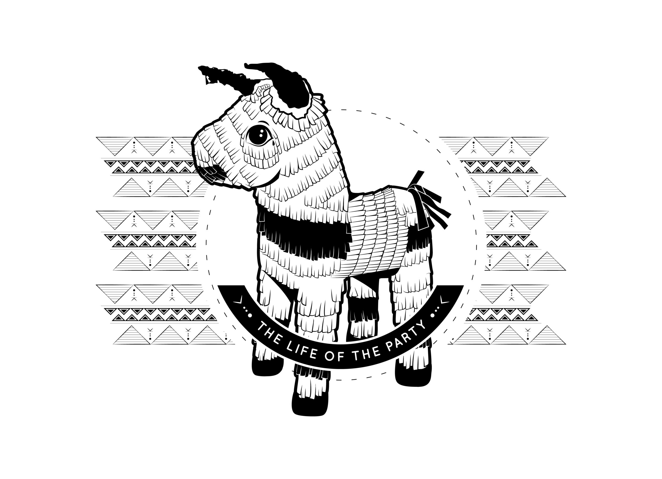 Piñata digital illustration with patterned background. Displayed in black and white.
