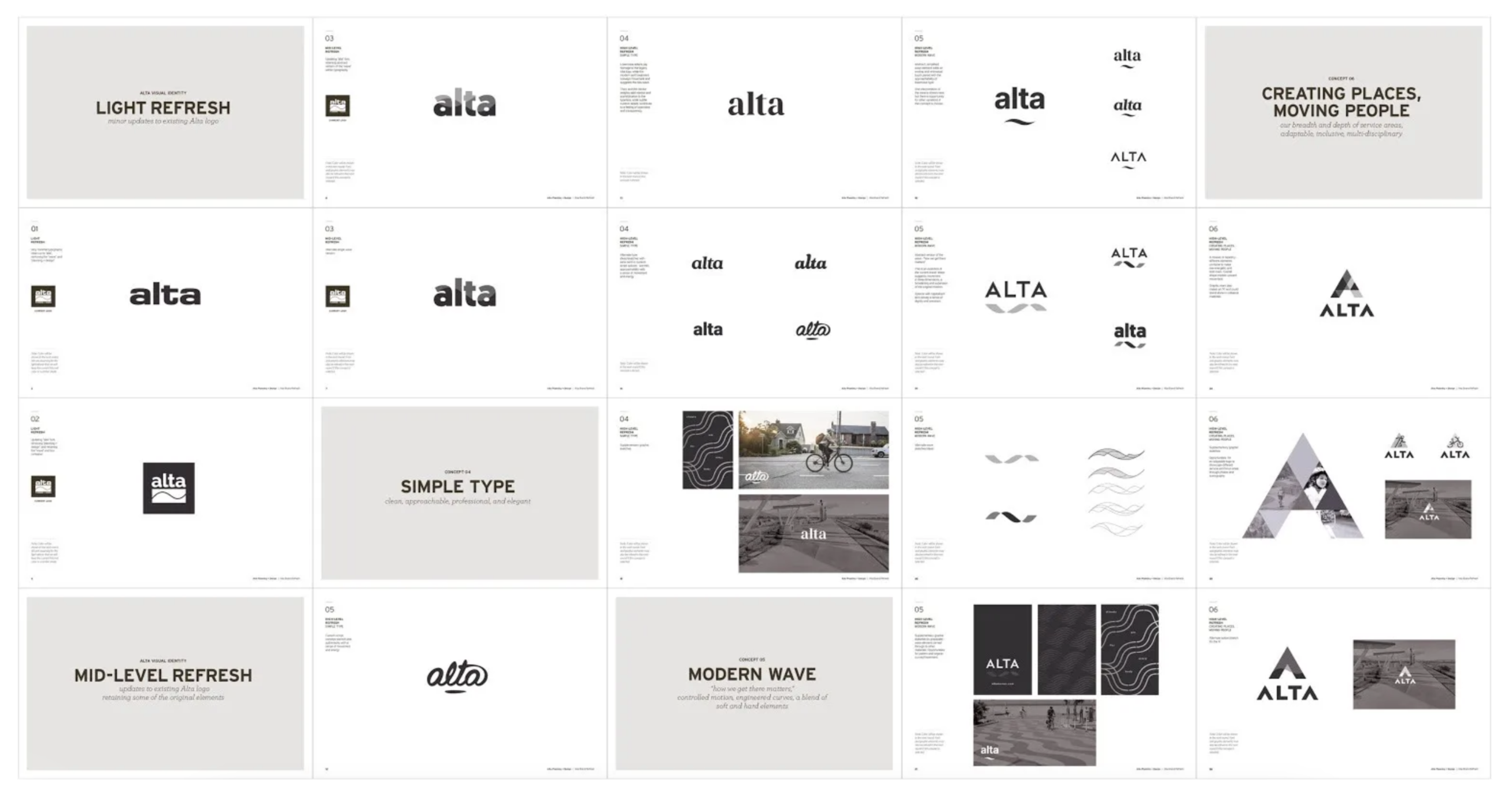 An assortment of logo concepts provided in black and white for internal review.