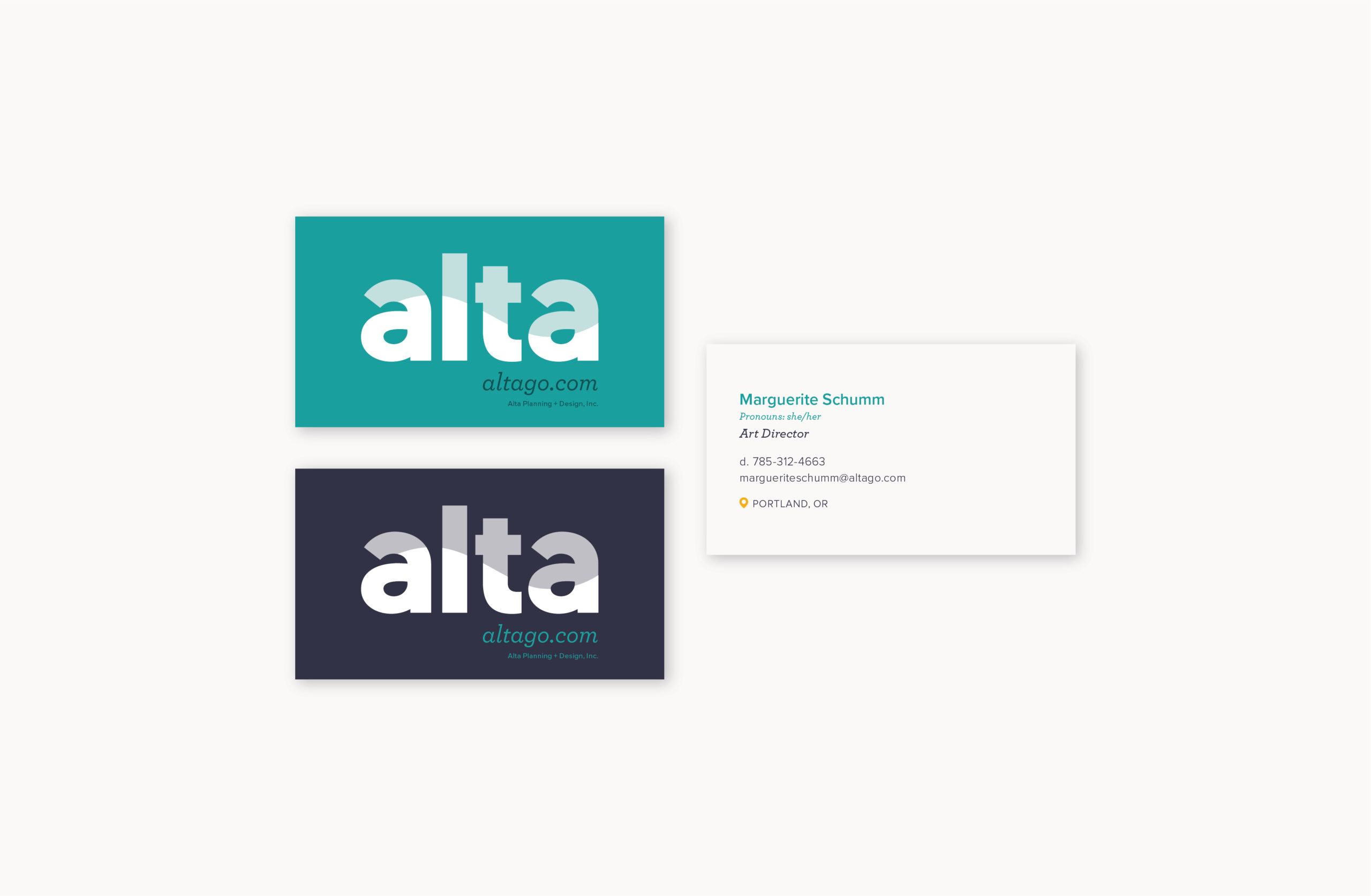 Alta business card designed in both teal and navy options.