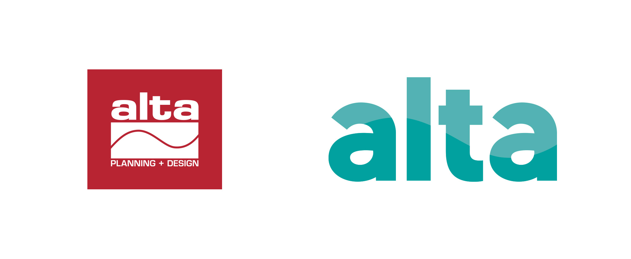 Evolution of the Alta logo: on the left the red original logo, on the right the new teal logo.